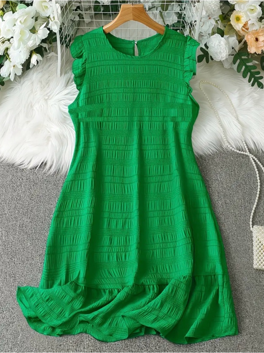 Green Sleeveless Textured A-Line Dress